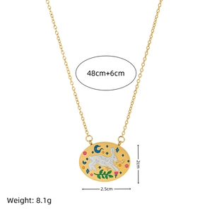 Enamel rabbit necklace with gold tarot oval pendant and 18K gold plated steel chain