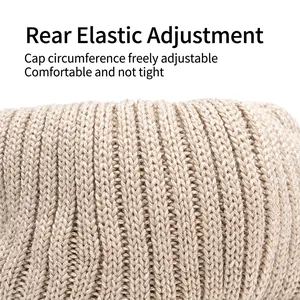 Beige knitted beanie hat with adjustable elastic strap for comfortable outdoor warmth