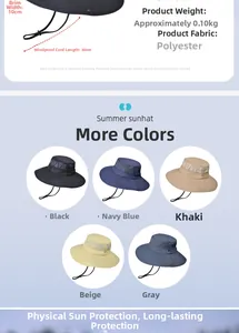 Detailed view of wide brim sun hat features 10cm brim width and 30cm windproof cord strap