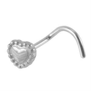 Detailed close-up of a silver stainless steel heart-shaped nose stud with beaded edge detail
