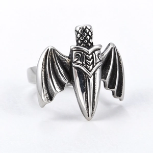 Gothic vintage stainless steel ring featuring 3D bat wings and sword in antique silver