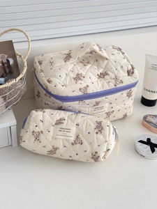 Quilted purple bear makeup bag set including a handle case and a cylinder pouch