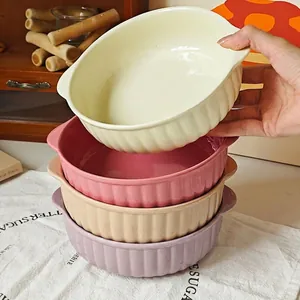 Vertical striped ceramic double-handle soup bowl set in assorted pastel colors