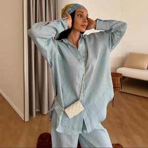 Women's light blue casual two-piece linen shirt and elastic waist trousers set