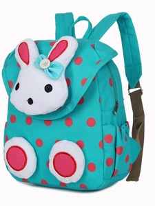 Kids polka dot rabbit canvas backpack in light blue with red dots for kindergarten