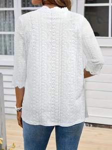 Elegant white eyelet embroidery cardigan with hollow lace back detail and half sleeves