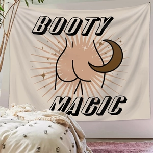 Artistic Booty Magic tapestry wall hanging with moon illustration in bedroom setting