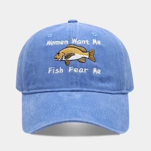 Washed cotton baseball cap in light blue featuring humorous fish embroidery design