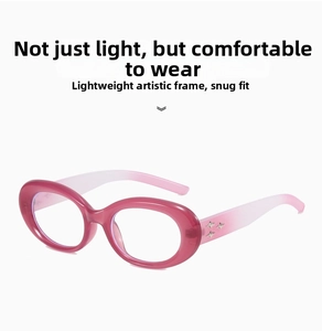 Detail view of pink gradient oval frames with three silver star accents on the temple