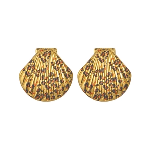 Golden shell-shaped earrings with trendy leopard print pattern on a white background
