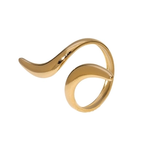 Minimalist golden titanium steel open ring with a sleek streamlined design on white background