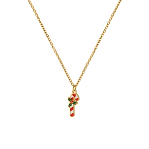 Detail of a festive candy cane pendant necklace with red white stripes and holly leaves