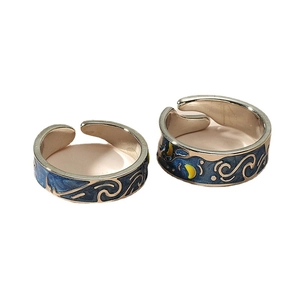 Adjustable couple ring set featuring Van Gogh starry night enamel art in silver finish