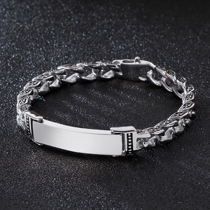 Retro stainless steel ID bracelet with vintage engraved links and blank plaque