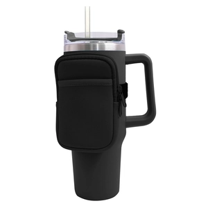 Detail of a black neoprene 40oz tumbler sleeve with a detachable zipper storage pouch