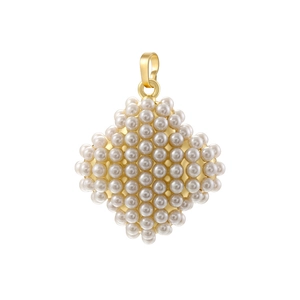 Elegant gold diamond-shaped pendant necklace featuring dense white pearl inlay