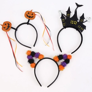 Set of three Halloween headbands featuring glitter pumpkins, castles, and colorful cat ears