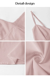 Detail design showing pink elegant dress V-neckline, thin straps and hemline craftsmanship