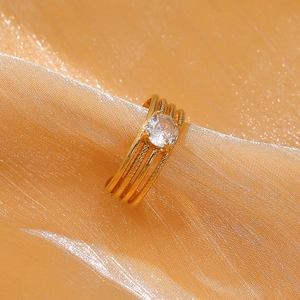 18k gold plated stainless steel layered ring featuring a sparkling zircon centerpiece