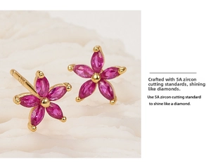 Detailed view of the purple zircon flower stud earring with gold-plated claw setting