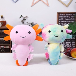 Pink and rainbow tie-dye axolotl plush toys with soft fabric and smiling faces