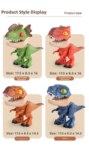 Detailed grid showing dinosaur stationery models: Dilophosaurus, Carnotaurus, T-Rex and Raptor
