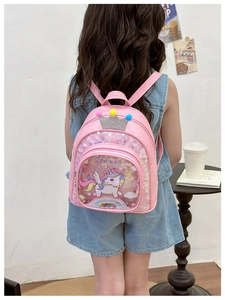 Close-up of pink unicorn backpack with glitter crown and colorful sequins for children