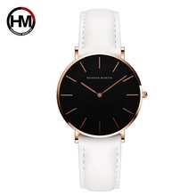 Close-up of minimalistic women's watch with black dial and white leather strap detail
