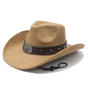 Ethnic Western cowboy hat in light camel suede with bull head emblem and chin strap