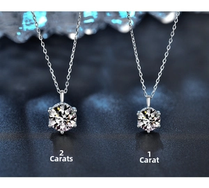 Comparison of one carat and two carat moissanite necklaces with 925 silver six-prong setting