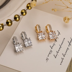 Luxe square zircon earrings in gold and silver plating with shimmering micro-pave details