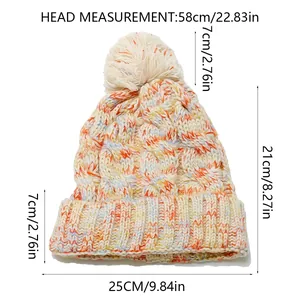 Size chart for knit winter beanie with 58cm head measurement and 7cm pom pom detail