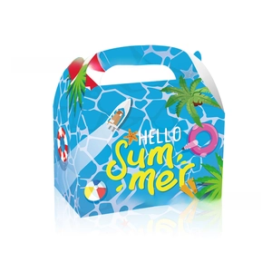 Close-up of Hello Summer blue gift box with wave patterns and integrated handle