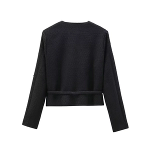 Classic black tweed jacket with textured fabric and waist detail on white background