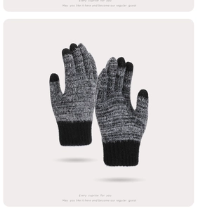 Close-up of winter knit gloves featuring touch screen fingertips and ribbed cuffs