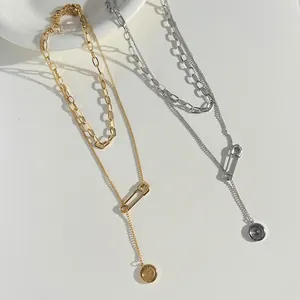 Layered stainless steel necklace for men with safety pin and handmade coin pendant