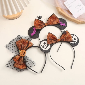 Halloween Pumpkin Skull Headband Mickey Ears Mesh Bow Spider Bat Hair Hoop Festival Party Hair Accessories Women