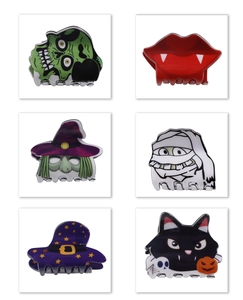 Lot de 6 pinces à cheveux Halloween en acrylique avec motifs de zombie et de sorcière