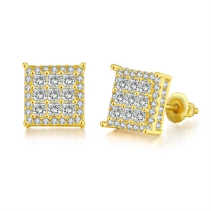 Macro shot of square gold stud earrings with cubic zirconia and screw back details