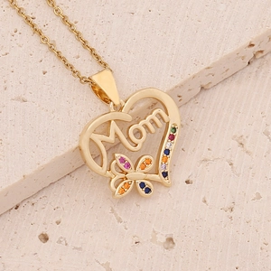 18K gold heart necklace for Mom with colorful cubic zirconia on beige stone base