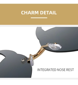 Detail of integrated nose rest and gold metal bridge on frameless fashion sunglasses