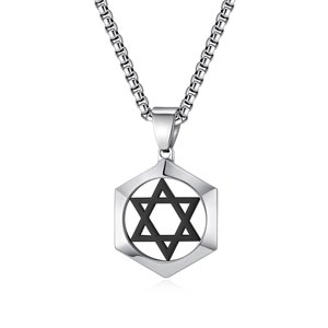 Polished stainless steel octagon necklace with black Star of David pendant on white background