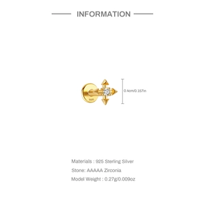 Detail view of gold S925 sterling silver cross ear stud with AAAAA zirconia stone