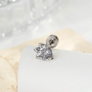 Single silver steel stud earring with large clear zircon stone in a claw setting