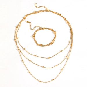 Three-layer gold titanium steel bead chain necklace and bracelet jewelry set on white background