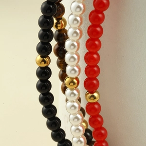 French style pearl and tiger eye stone necklace with gold bead for minimalist aesthetic