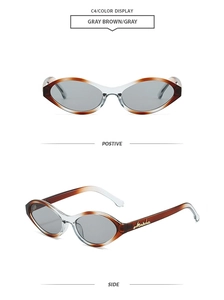 Detail view showing front and side profile of oval cat-eye sunglasses in gray-brown gradient