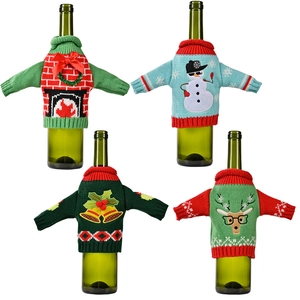 Christmas knitted wine bottle covers set with reindeer snowman and festive patterns