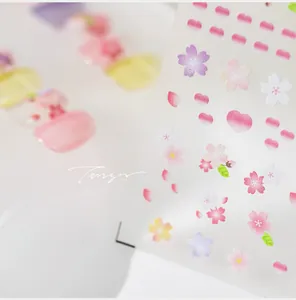 Macro detail of KX318 cherry blossom nail art stickers with pink floral and heart patterns
