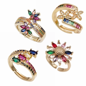 Fashion Adjustable Open Copper Ring For Women With Colorful Zircon Sunflower Butterfly Flower Design Gold Plated